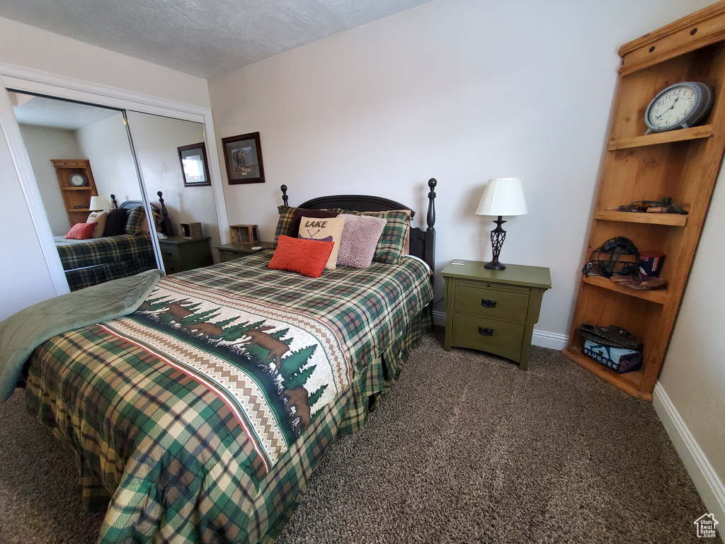 Bedroom featuring carpet flooring, a closet, and baseboards