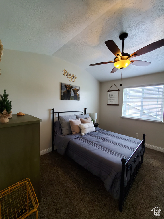 Bedroom featuring dark colored carpet, a textured ceiling, a ceiling fan, vaulted ceiling, and baseboards