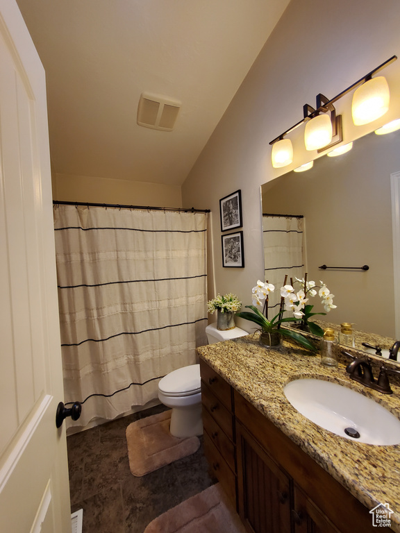 Bathroom featuring toilet, vanity, lofted ceiling, and a shower with curtain
