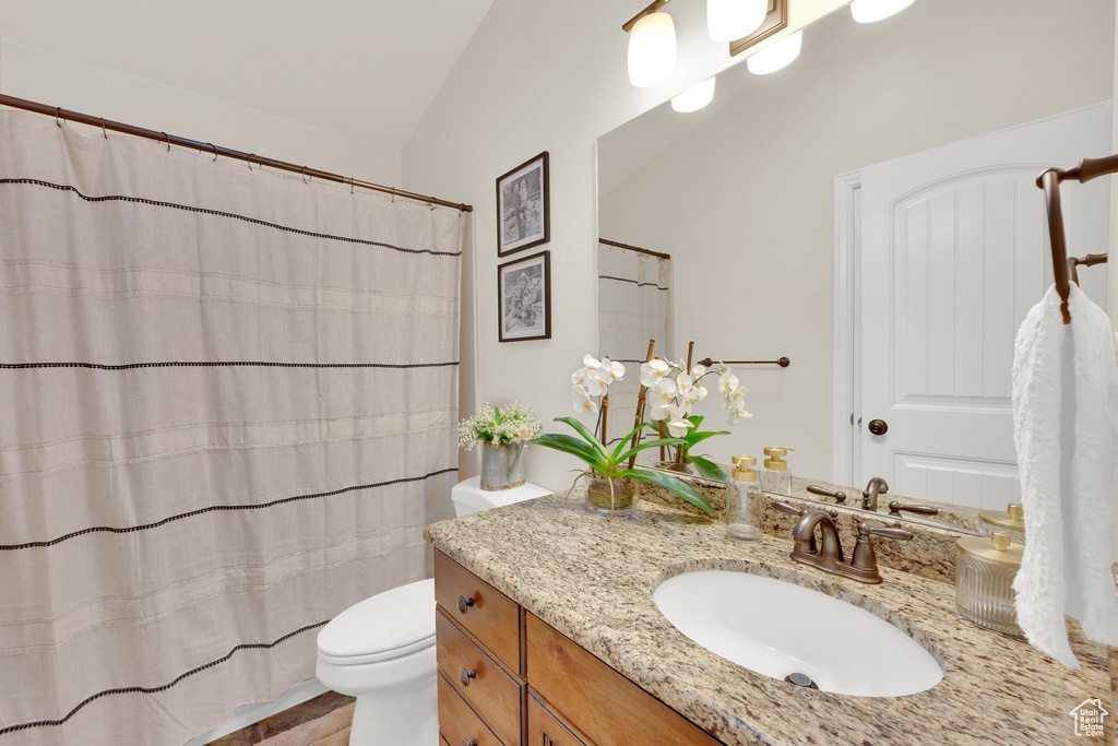 Full bathroom featuring lofted ceiling, vanity, toilet, and a shower with shower curtain
