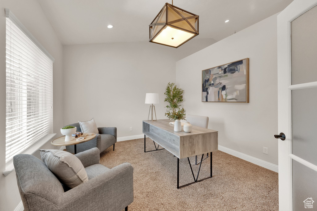 Office area featuring carpet flooring, baseboards, and recessed lighting