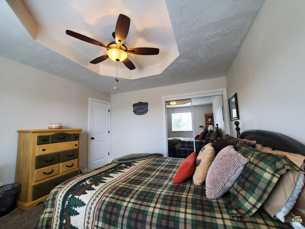 Bedroom featuring a tray ceiling, carpet, and a ceiling fan