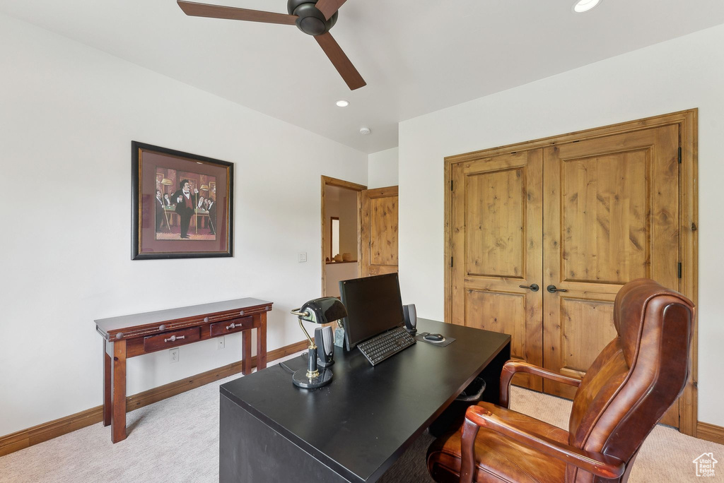 Office space with ceiling fan, light carpet, baseboards, and recessed lighting