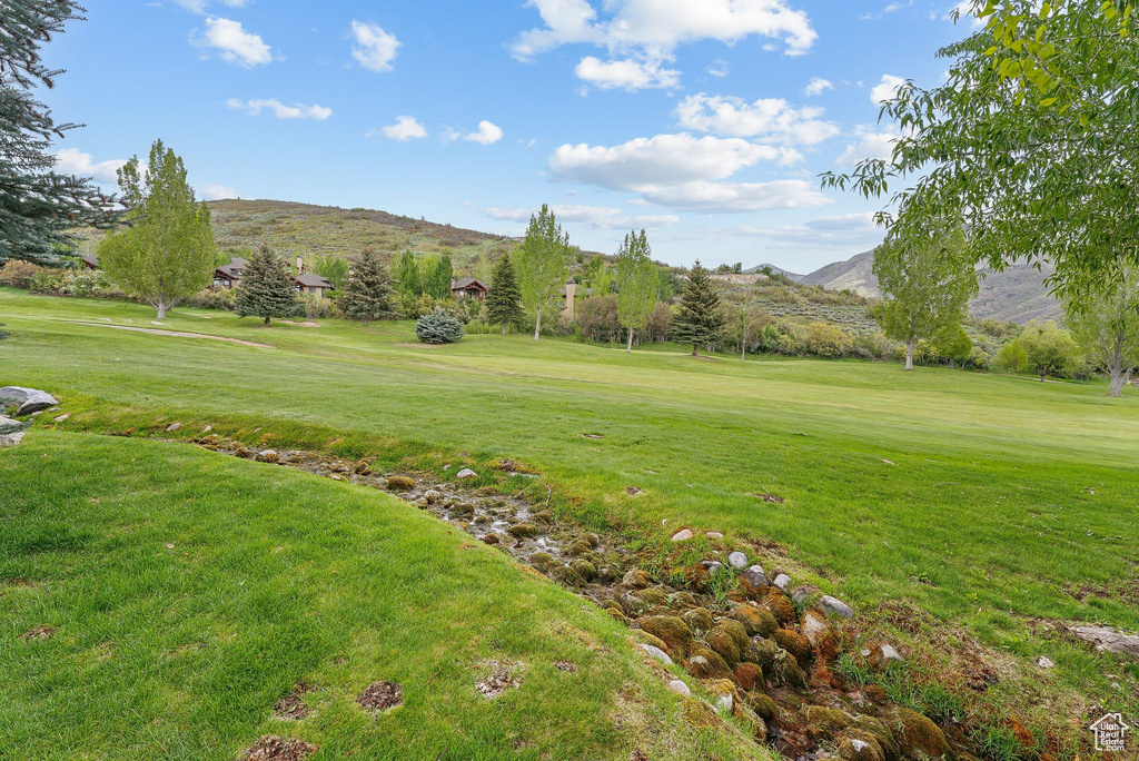 Surrounding community with a mountain view and a yard