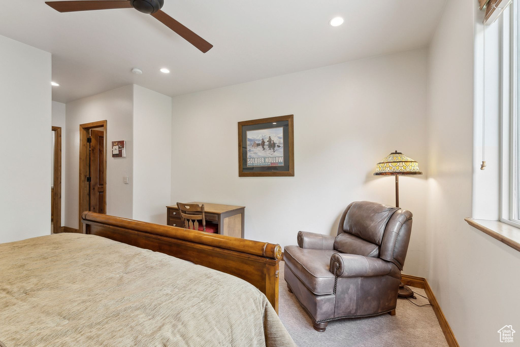 Bedroom with carpet flooring, recessed lighting, baseboards, and ceiling fan