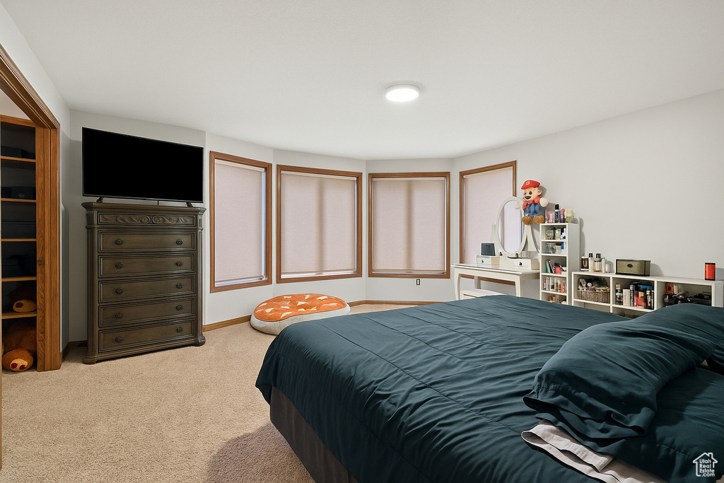 Bedroom with light colored carpet