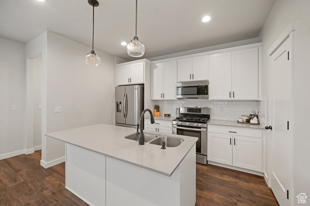 Kitchen featuring stainless steel appliances, a sink, decorative backsplash, dark wood-type flooring, and recessed lighting