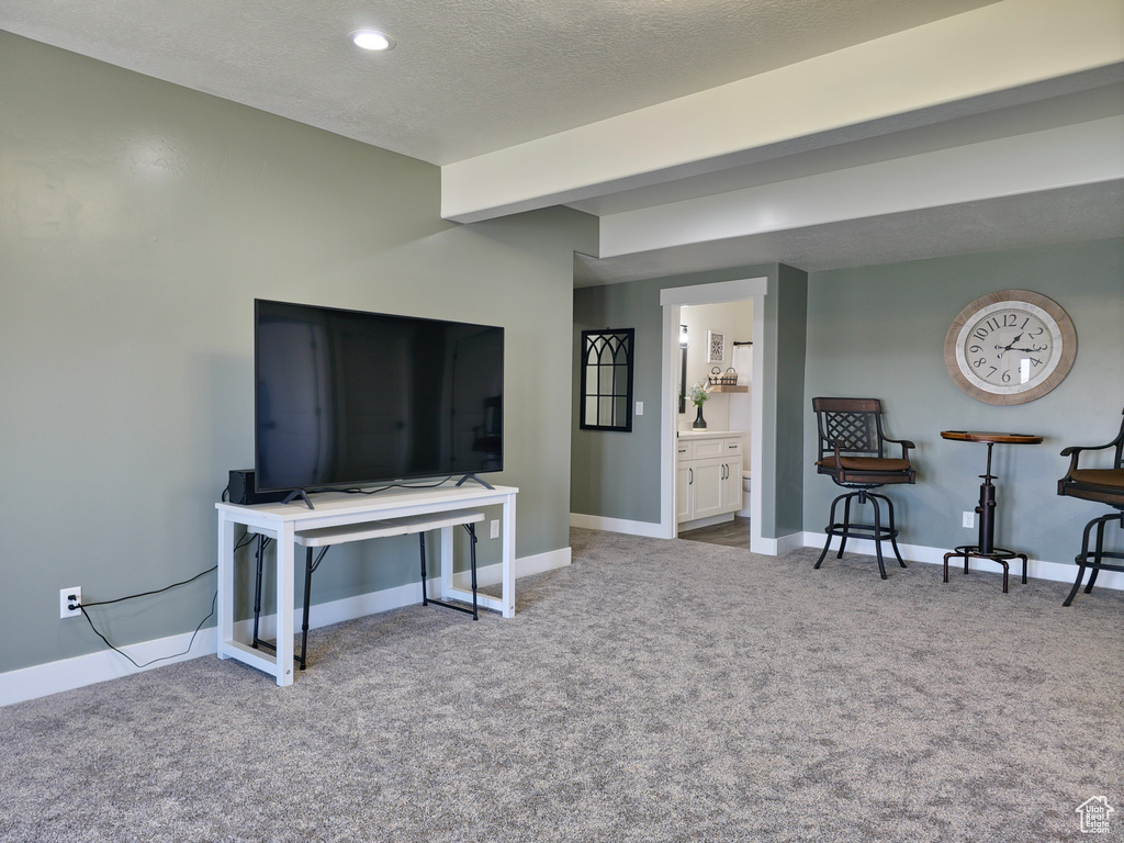 Sitting room with carpet floors, baseboards, recessed lighting, and a textured ceiling