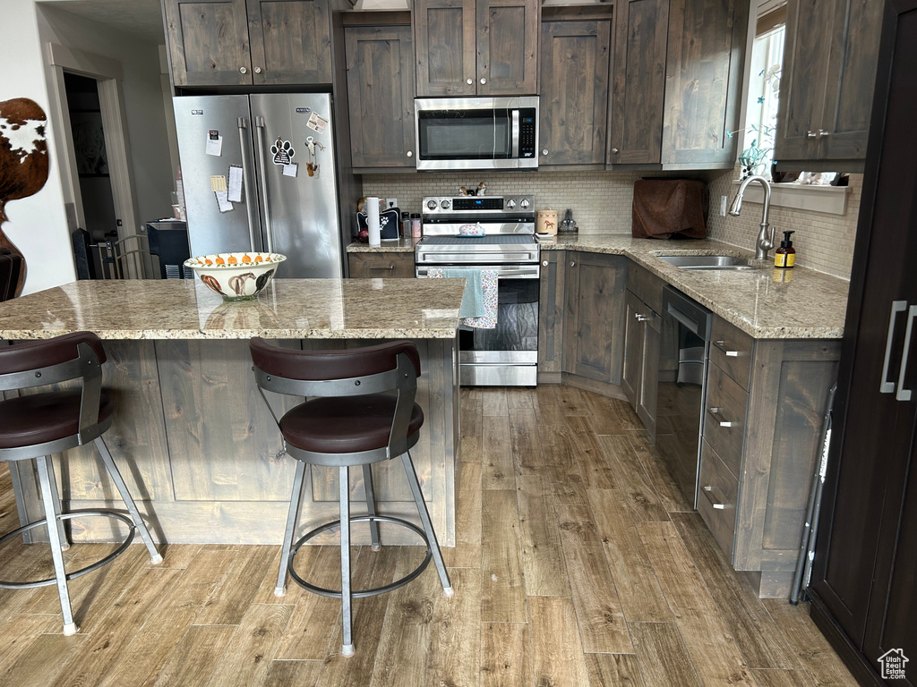 Kitchen with stainless steel appliances, a sink, dark brown cabinetry, and light wood-style flooring