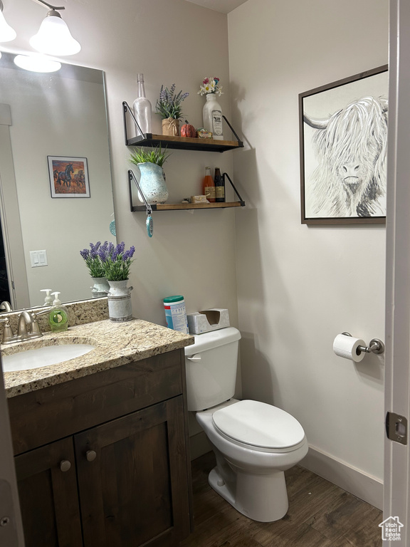 Bathroom featuring wood finished floors, toilet, baseboards, and vanity