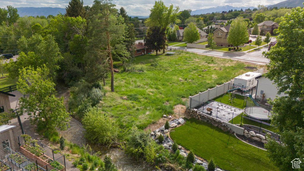 Aerial perspective of suburban area with mountains