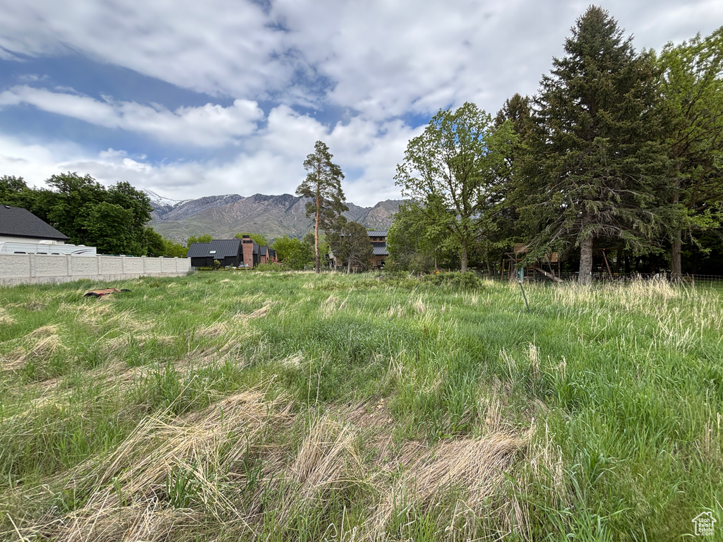View of yard with a mountain view and fence