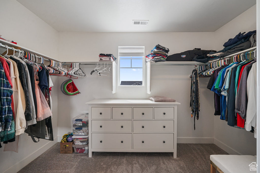 Walk in closet with dark carpet