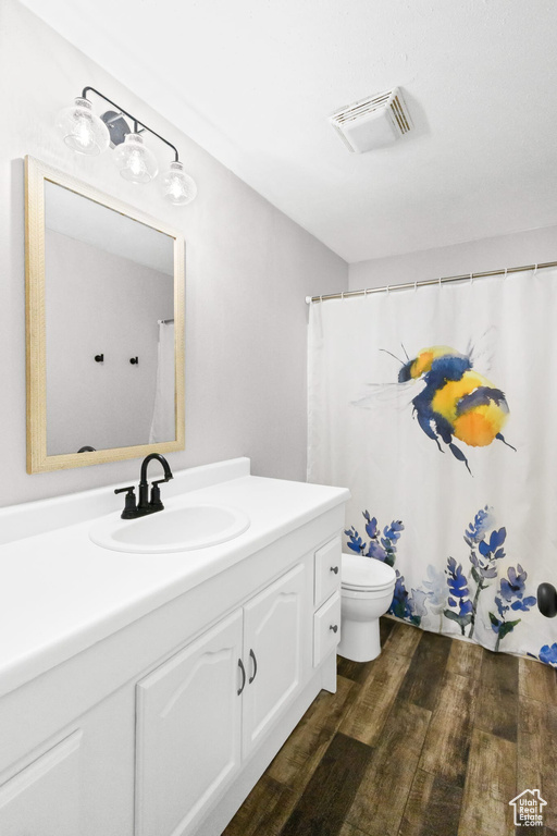 Bathroom featuring wood finished floors, vanity, and toilet