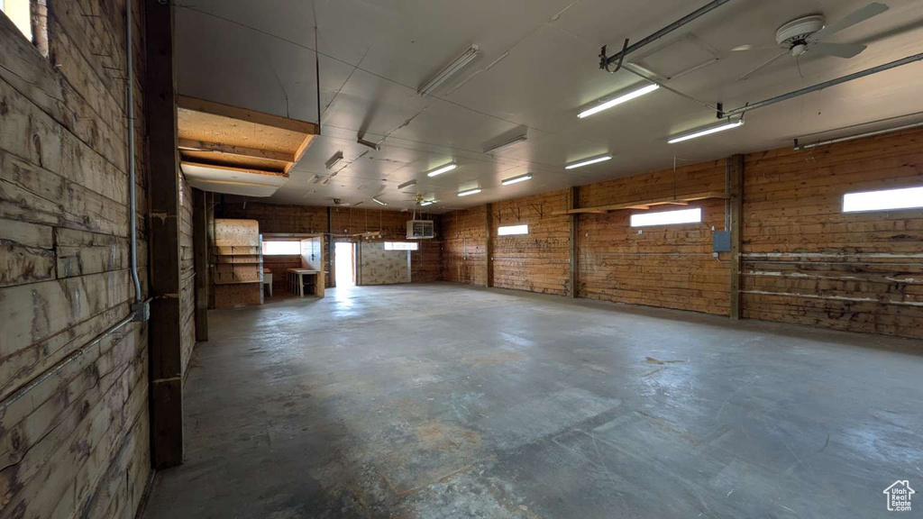 Garage with a ceiling fan