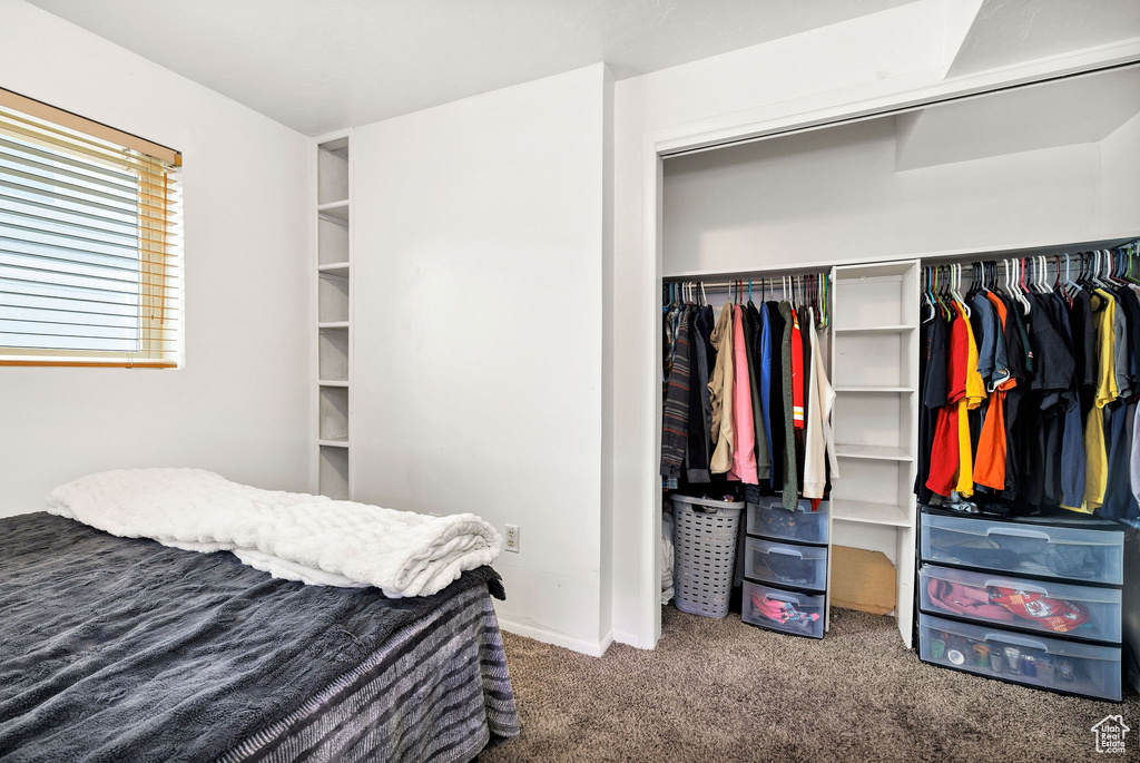 Bedroom featuring carpet flooring, a closet, and baseboards