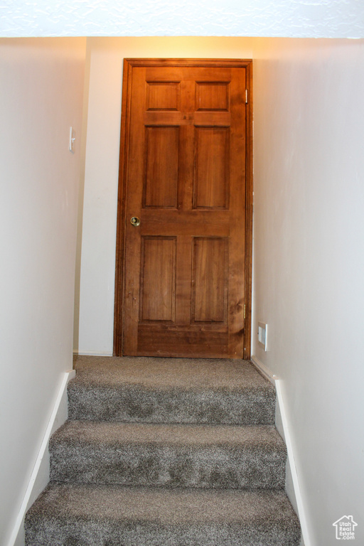 Stairs featuring carpet flooring and baseboards