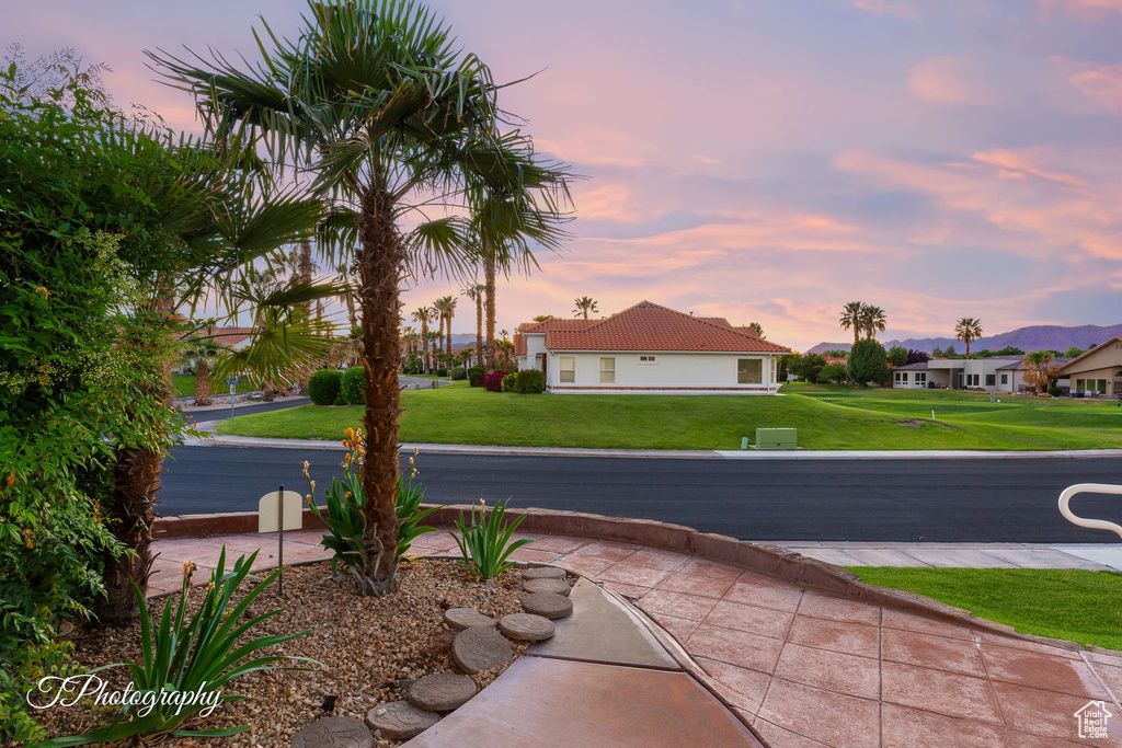 Patio terrace at dusk featuring a yard and a residential view