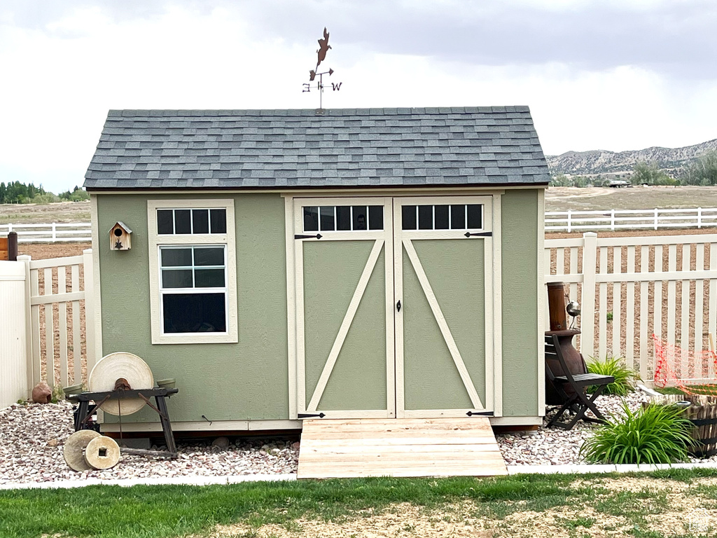 View of shed featuring a fenced backyard