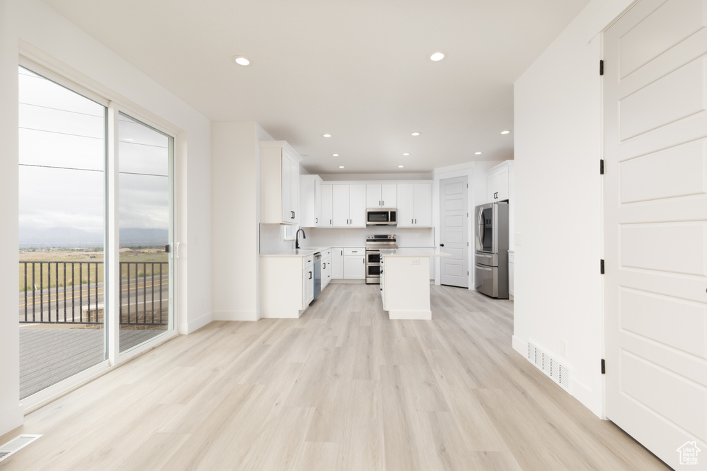 Kitchen featuring stainless steel appliances, healthy amount of natural light, light wood-style floors, and recessed lighting