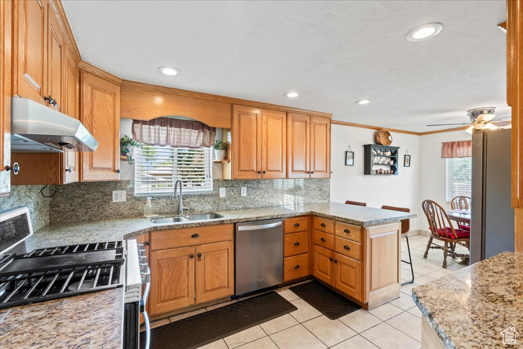 Kitchen with appliances with stainless steel finishes, a sink, a peninsula, under cabinet range hood, and tasteful backsplash