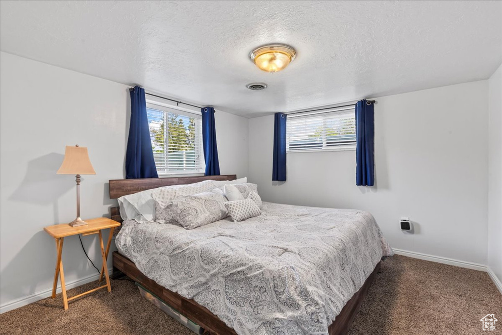 Bedroom featuring baseboards, a textured ceiling, and carpet floors