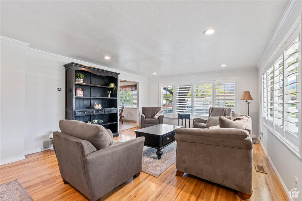 Living room with light wood-type flooring, ornamental molding, baseboards, and recessed lighting
