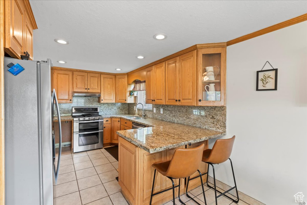 Kitchen with stainless steel appliances, a peninsula, under cabinet range hood, a sink, and tasteful backsplash