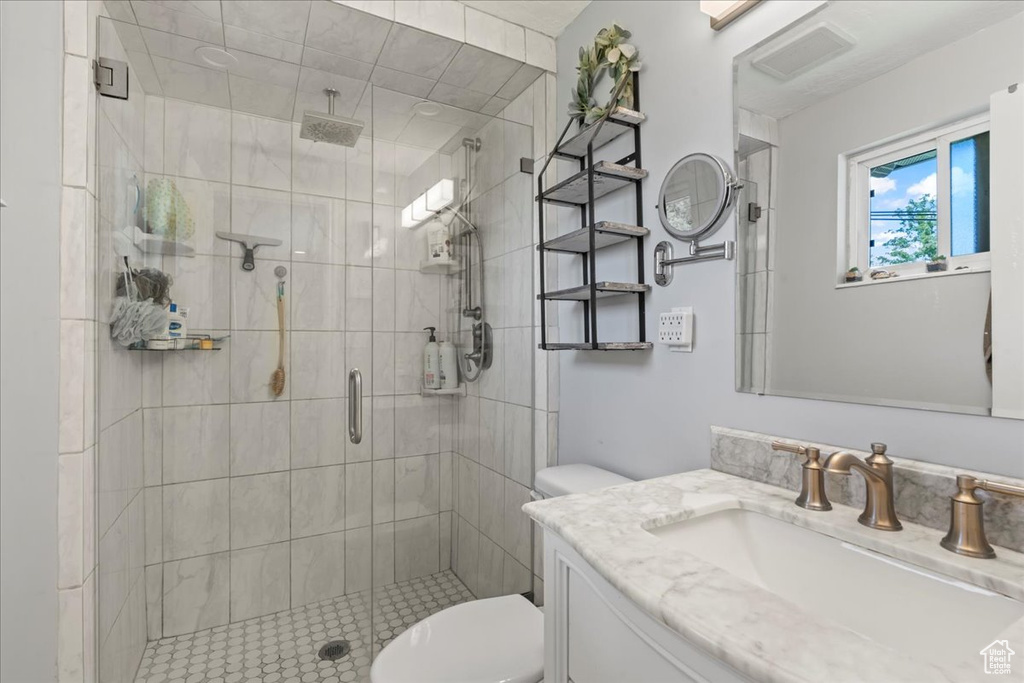 Bathroom featuring toilet, a shower stall, and vanity