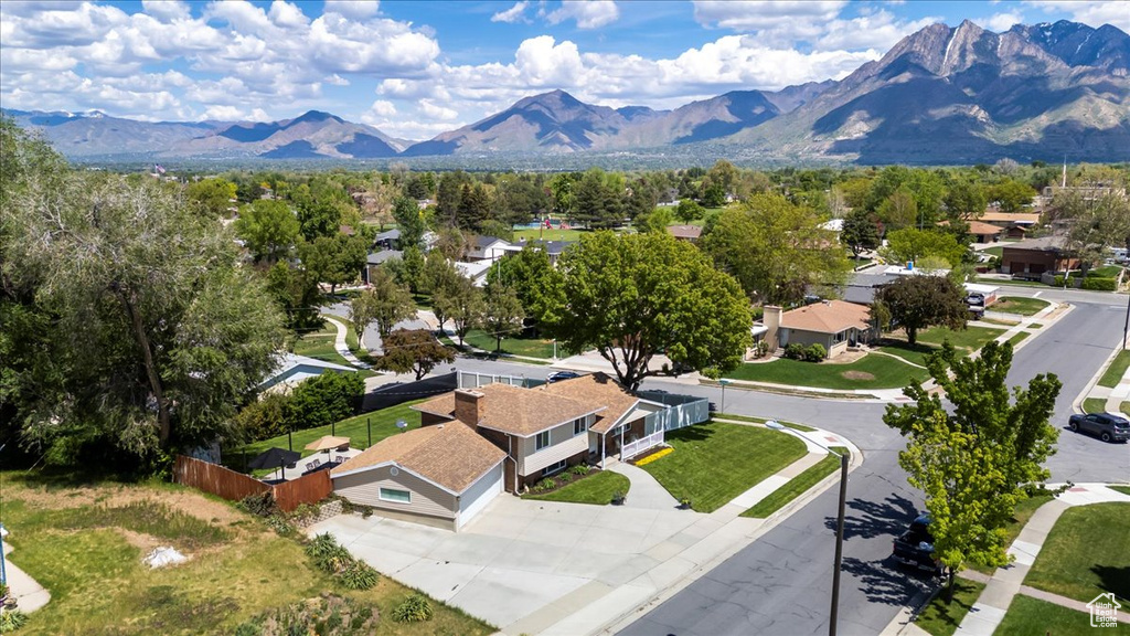Aerial view of residential area with mountains