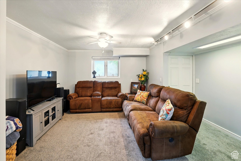 Living area with light carpet, crown molding, ceiling fan, a textured ceiling, and baseboards