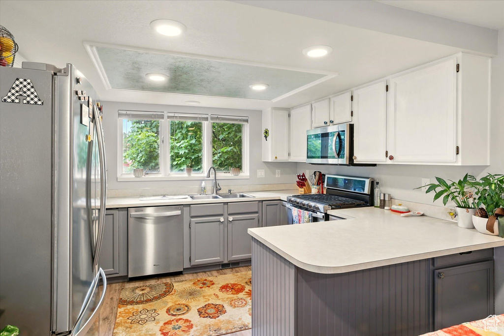 Kitchen featuring stainless steel appliances, a sink, a peninsula, light countertops, and light wood-style flooring