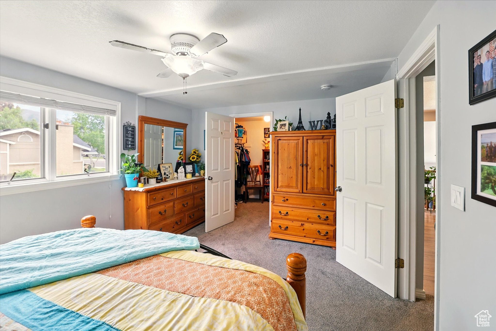 Bedroom featuring light colored carpet, a spacious closet, ceiling fan, and a closet