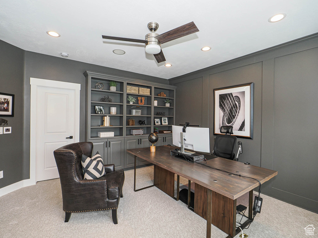 Office with light colored carpet, ceiling fan, recessed lighting, and baseboards