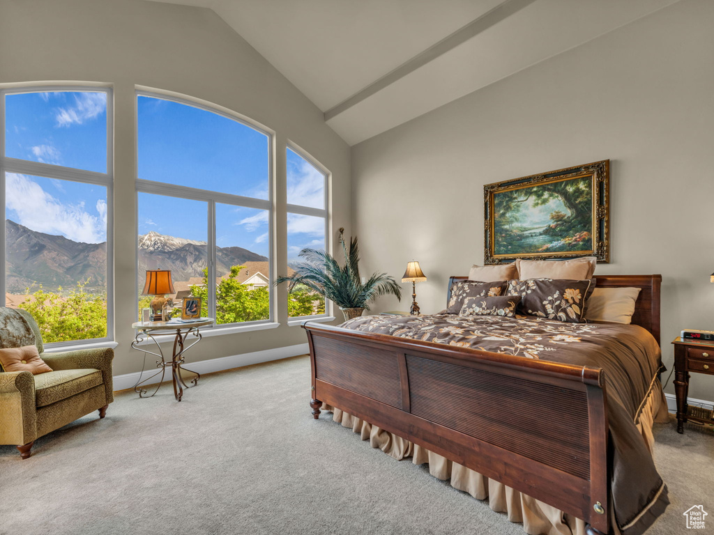 Bedroom featuring lofted ceiling, carpet flooring, a mountain view, and baseboards