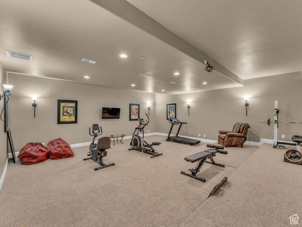 Workout area with recessed lighting, baseboards, and carpet