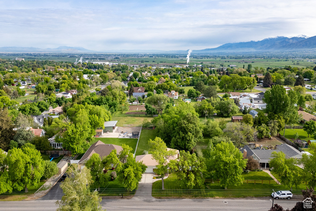 Aerial view of residential area with a mountainous background