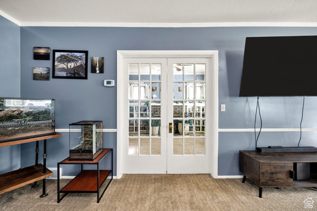 Doorway to outside featuring ornamental molding, french doors, carpet flooring, and baseboards