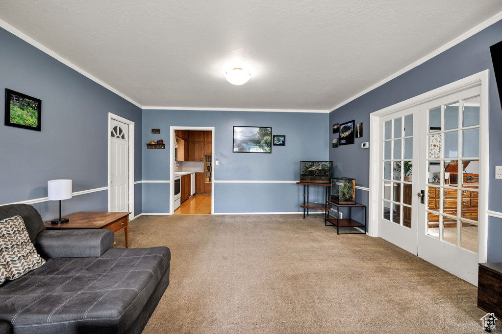 Living area with french doors, light colored carpet, and ornamental molding