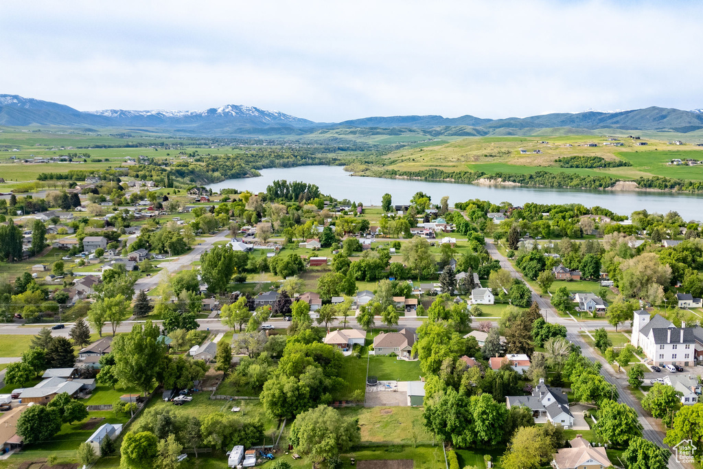 Aerial view of residential area with a water and mountain view