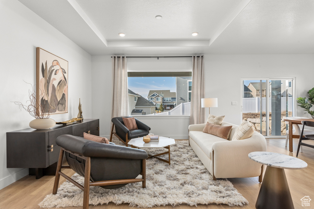 Living area featuring wood finished floors, plenty of natural light, a raised ceiling, baseboards, and recessed lighting