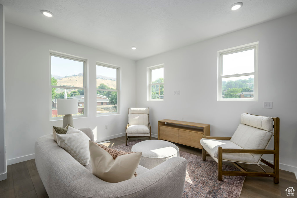 Living room with baseboards, wood finished floors, and recessed lighting