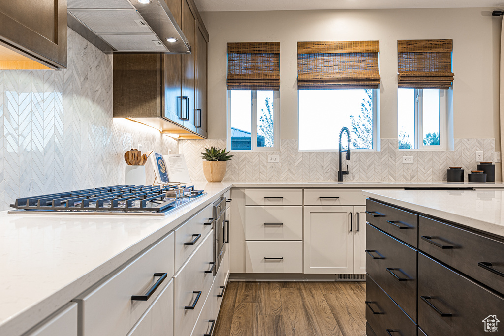 Kitchen with exhaust hood, a sink, stainless steel gas stovetop, wood finished floors, and white cabinets
