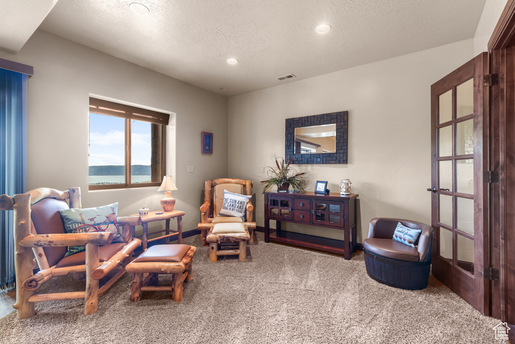 Sitting room featuring carpet, recessed lighting, and a textured ceiling