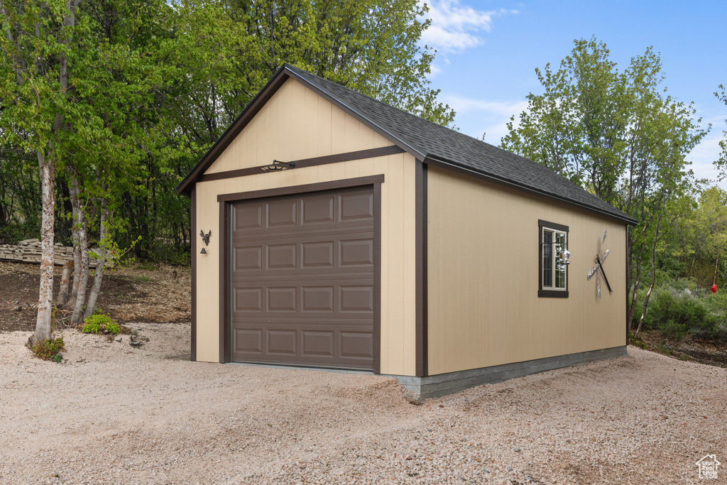 View of detached garage
