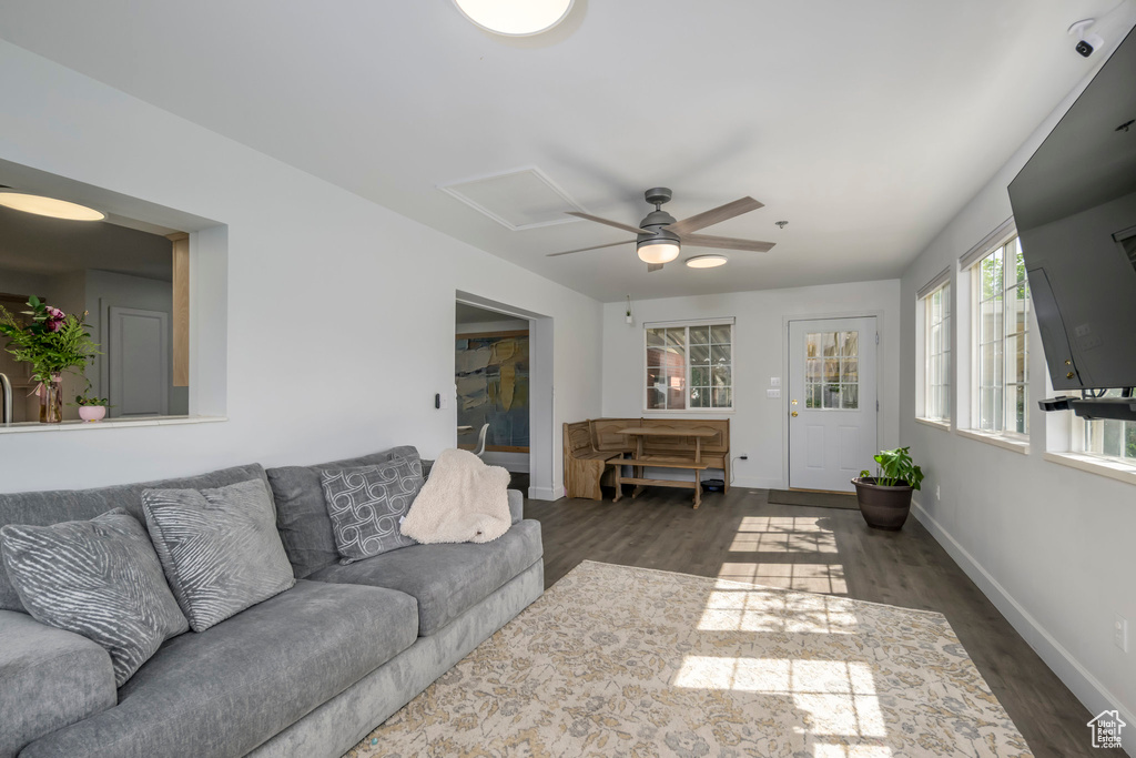 Living room with wood finished floors, a ceiling fan, baseboards, and attic access