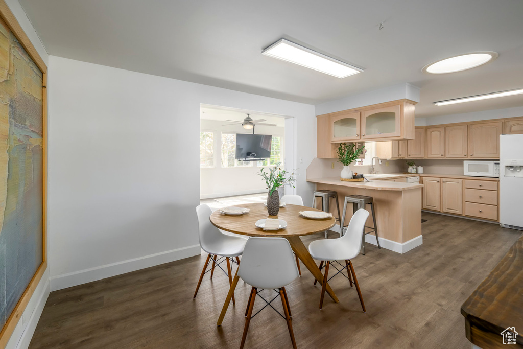 Dining area featuring dark wood finished floors, baseboards, and ceiling fan