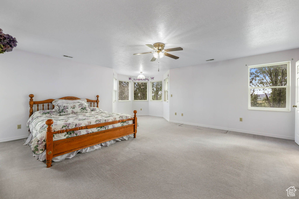 Bedroom featuring carpet flooring, baseboards, a ceiling fan, and a textured ceiling