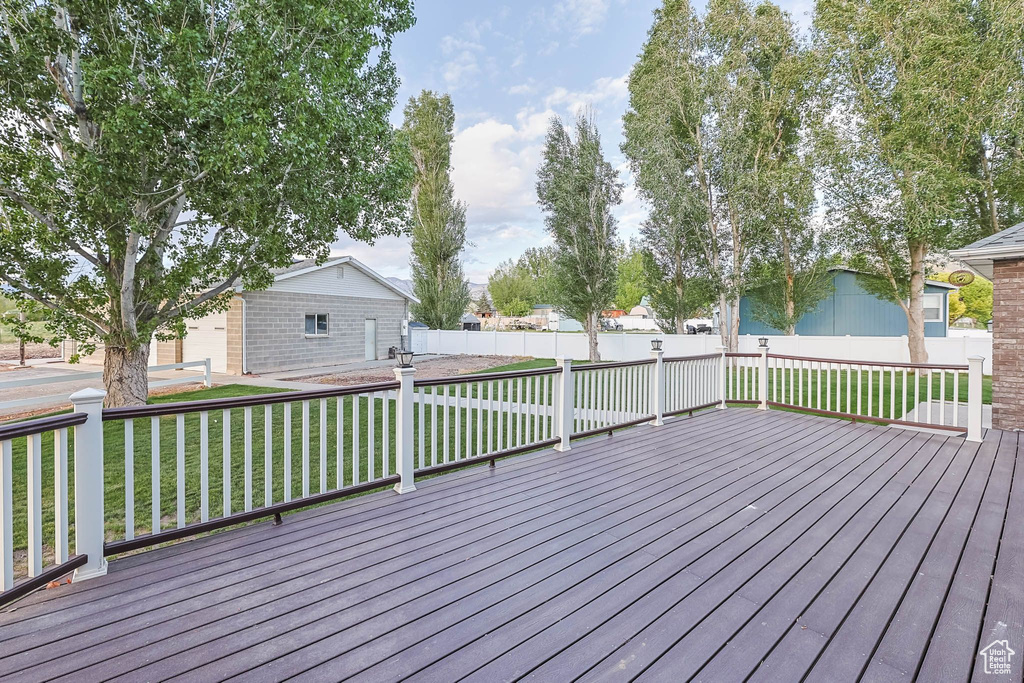 Wooden deck with a residential view