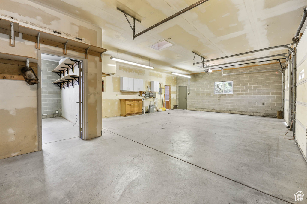 Garage with concrete block wall